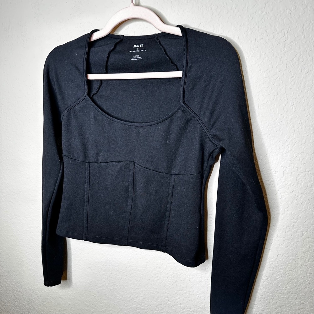 Maeve by Anthropologie‎ Black Corset Seam Square Neck Long Sleeve Top Small